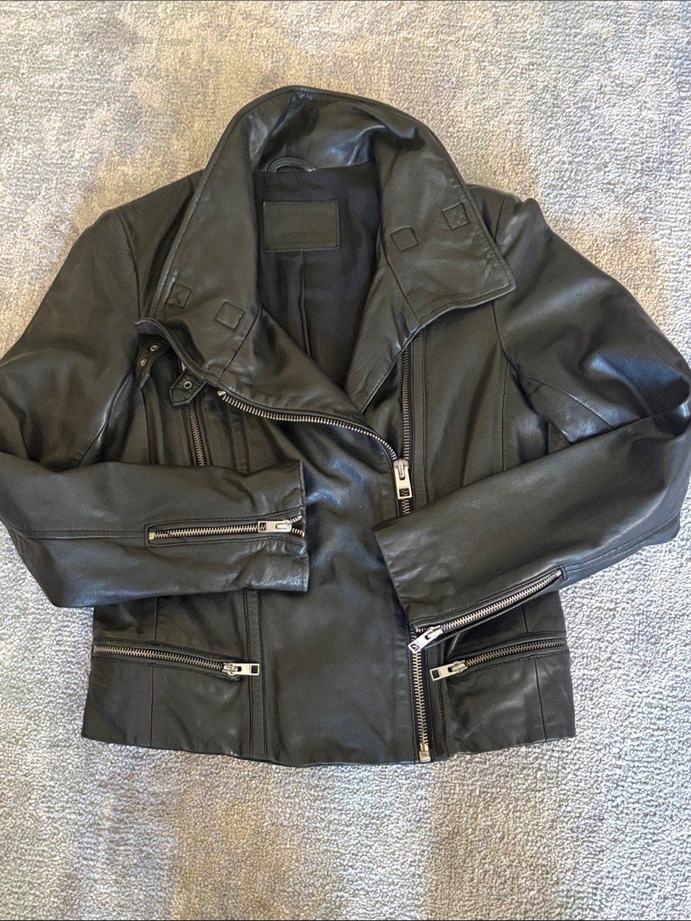 All Saints Bales Black Leather Motorcycle Biker Moto Jacket with Silver Zippers